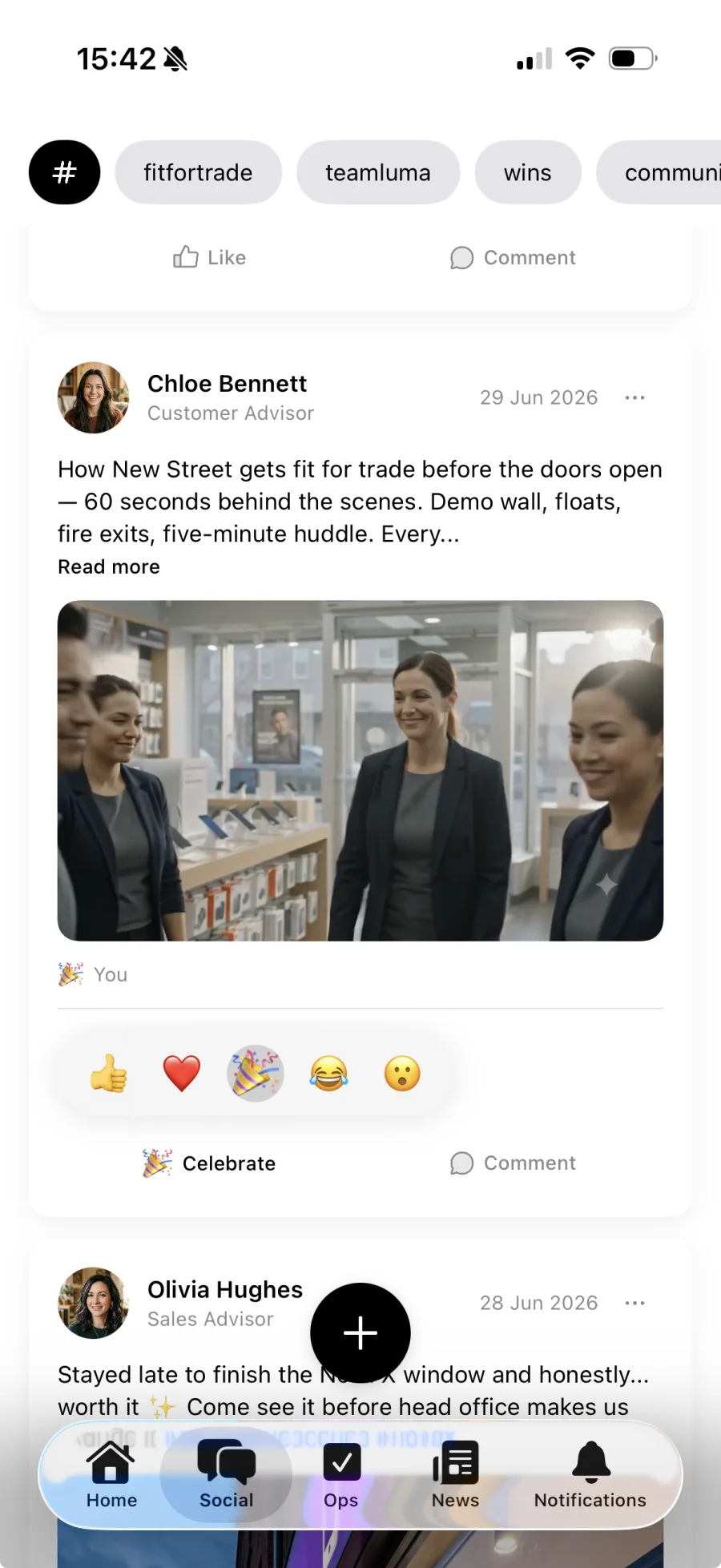 The Mee communications and social feed on a phone