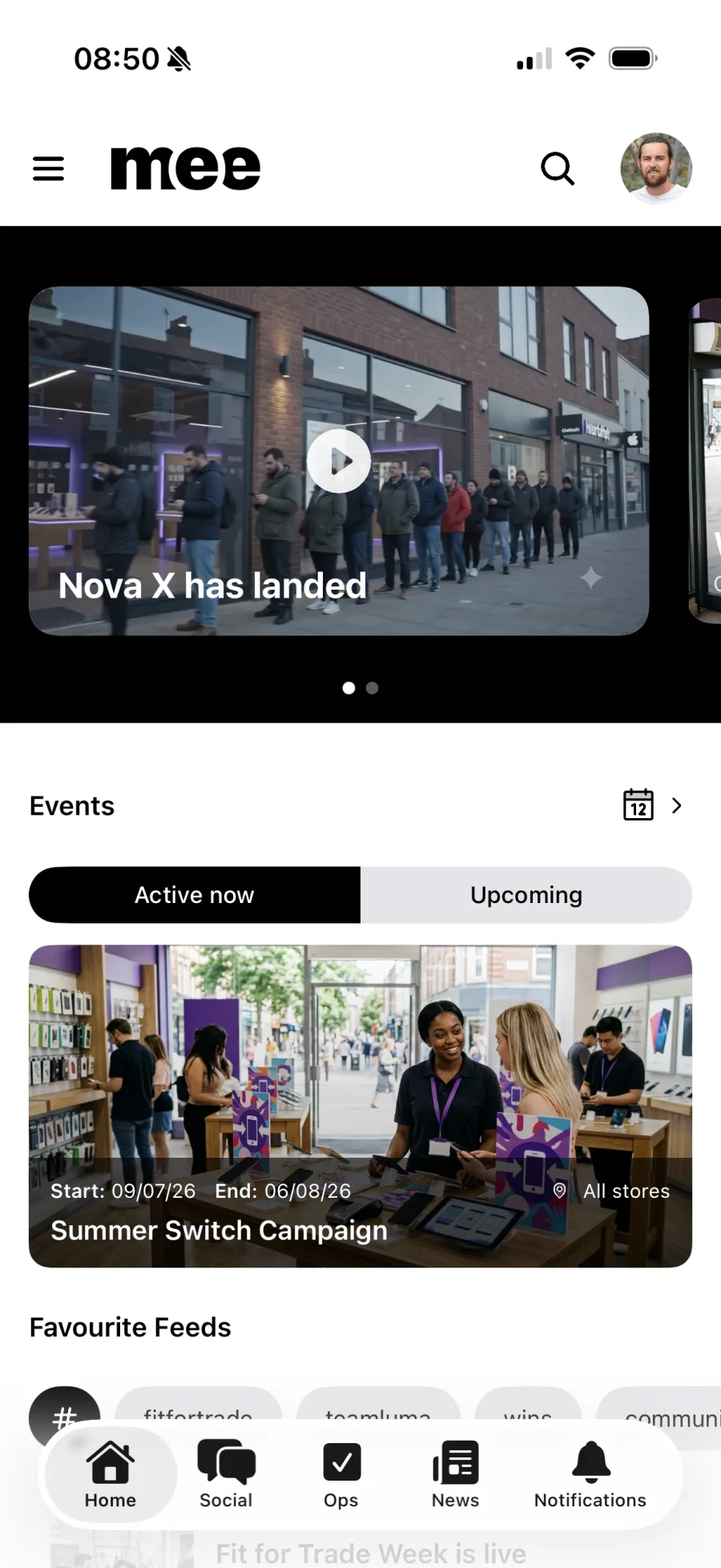 The Mee app home screen on a phone