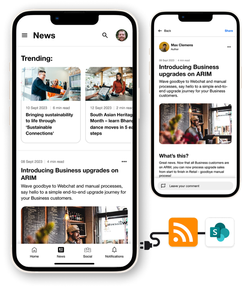 Mee news feed with trending articles and RSS integration