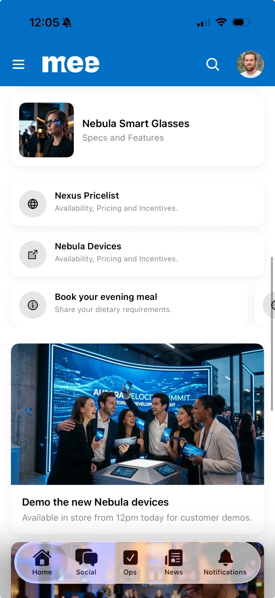 A partner takeover in the Mee app: the home screen, campaign event and social feed all carrying the partner's brand