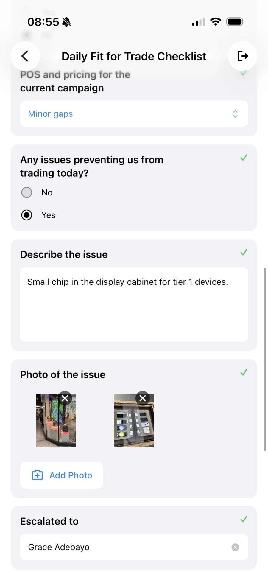 Operations checks and sign-offs in the Mee app