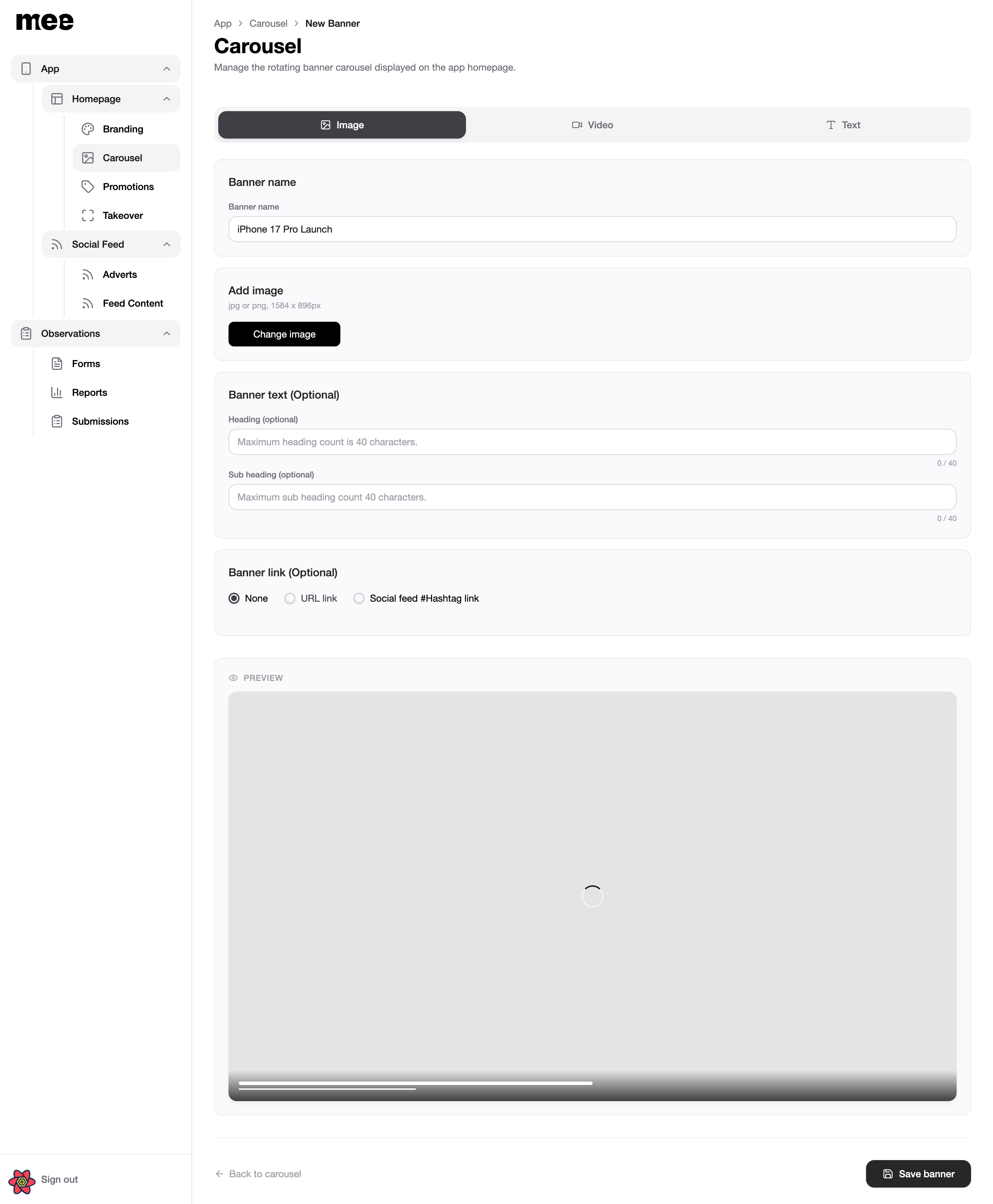 Mee admin system carousel builder with sidebar navigation