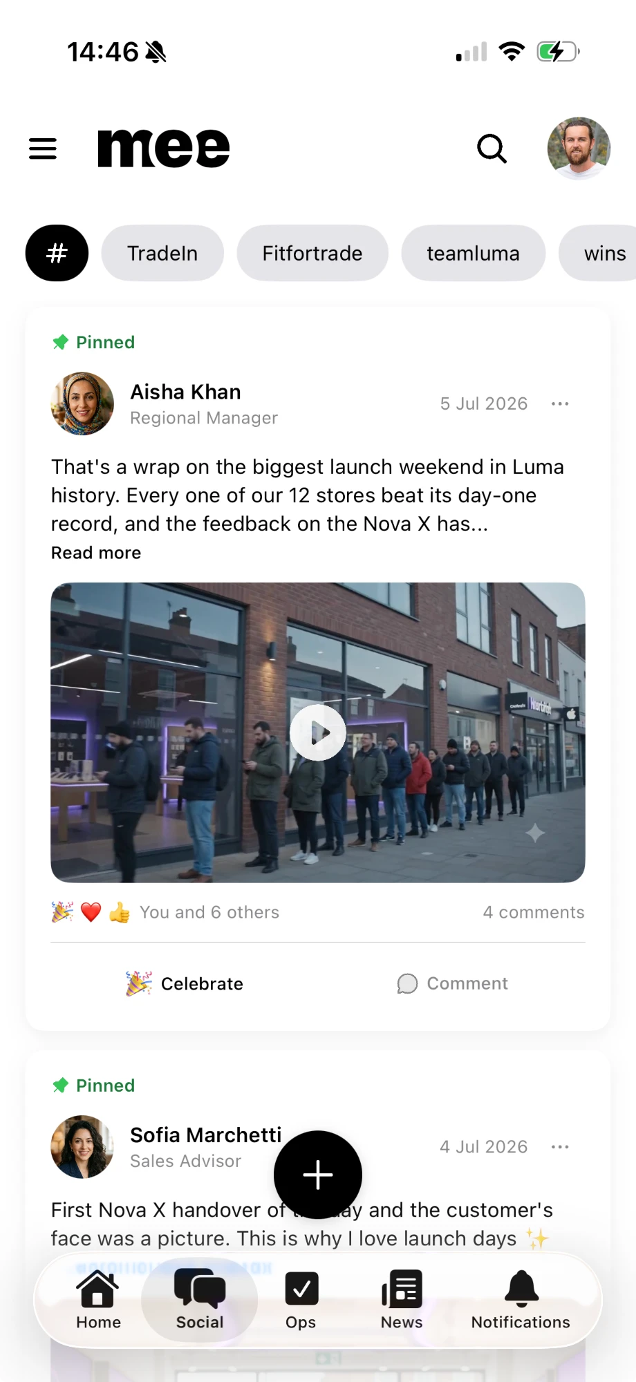 The Mee social feed: pinned posts from colleagues with photos and video, hashtag filters across the top, and reactions and comment counts on each post