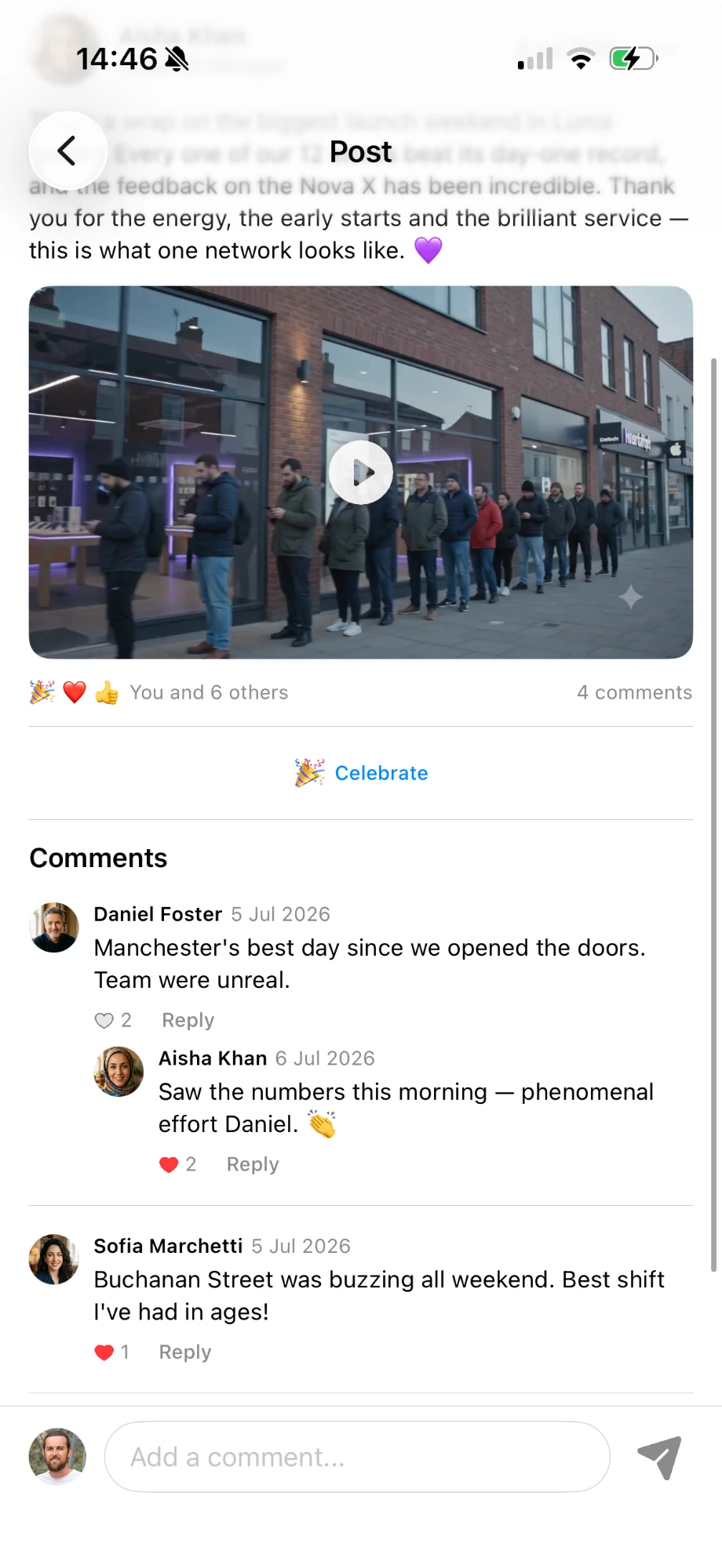 A post in Mee opened out into its comments, where colleagues in different stores reply to each other about the same launch weekend