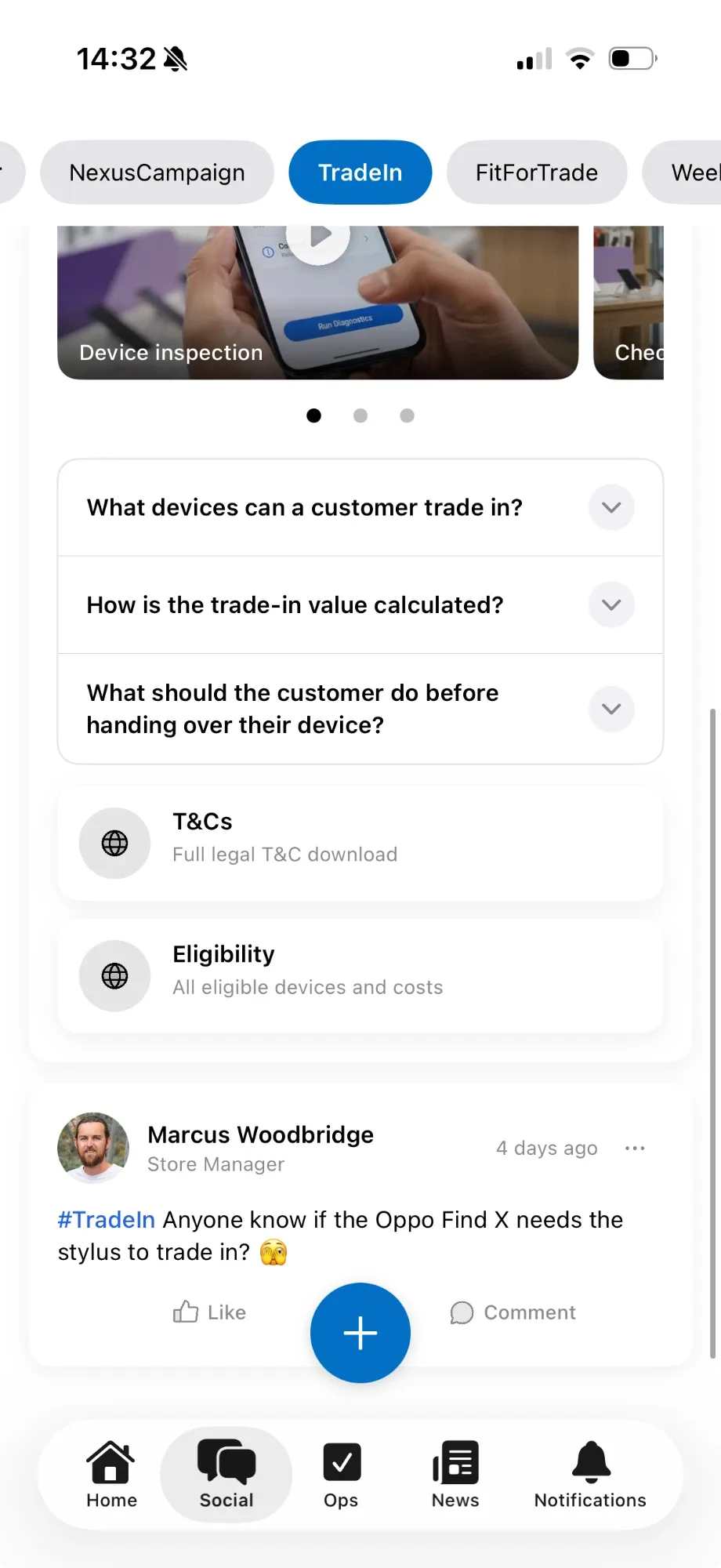 A hashtag page in Mee gathering one campaign's videos, questions and colleague posts in a single place