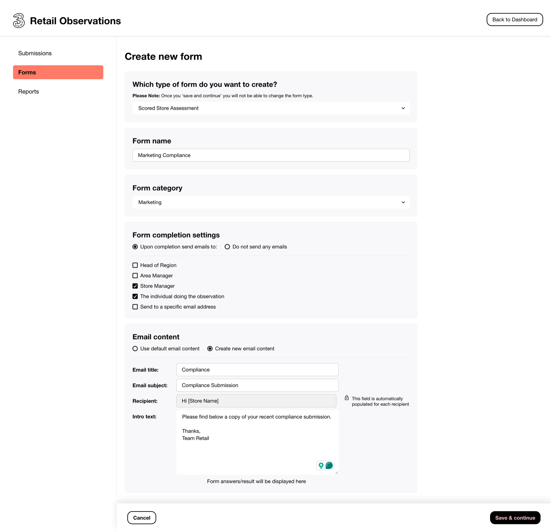 Create a new form with type, name, category and completion settings