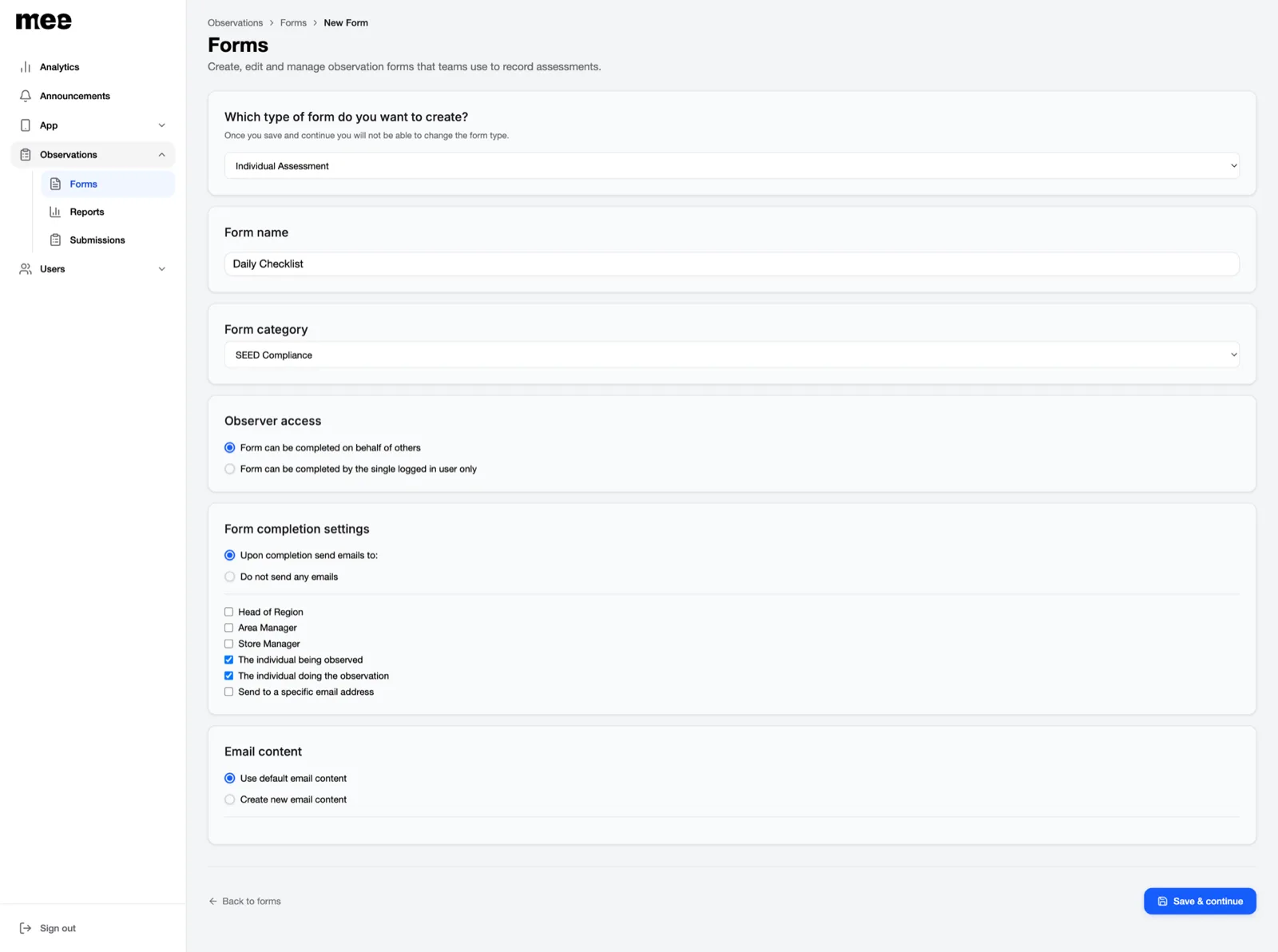 The Mee drag-and-drop form builder in the web admin