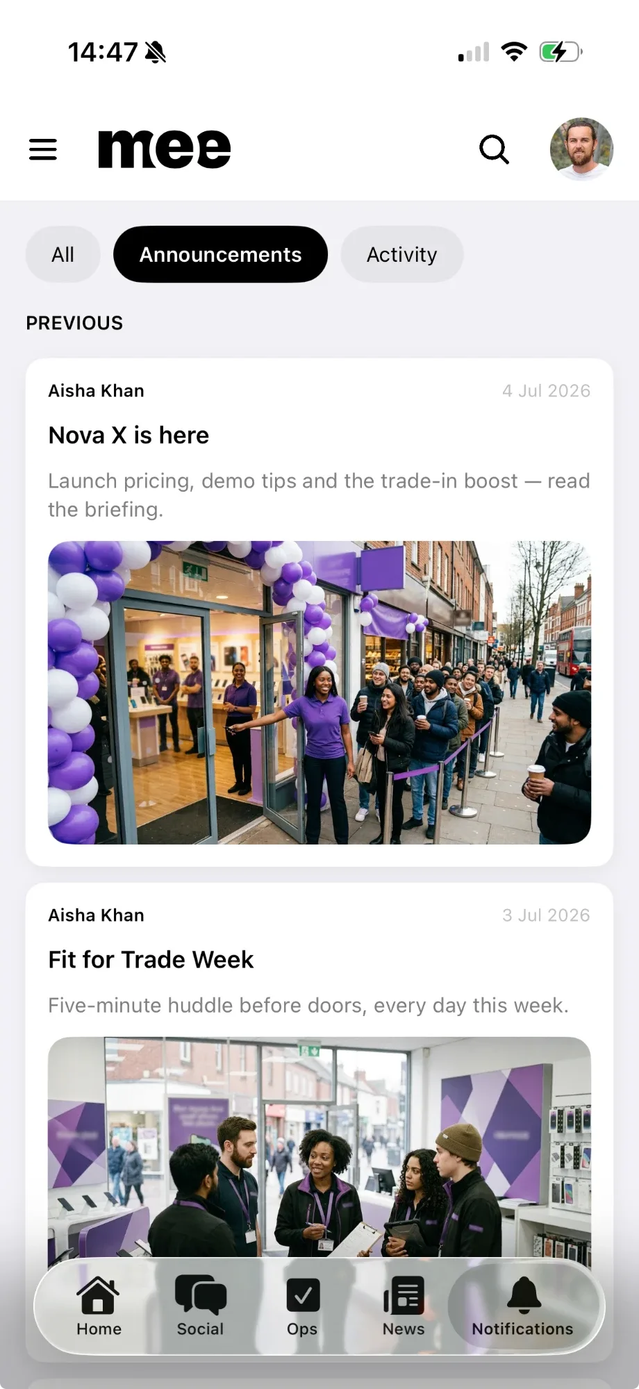 The announcements list in Mee, with All, Announcements and Activity tabs and recent company posts each showing its author and date