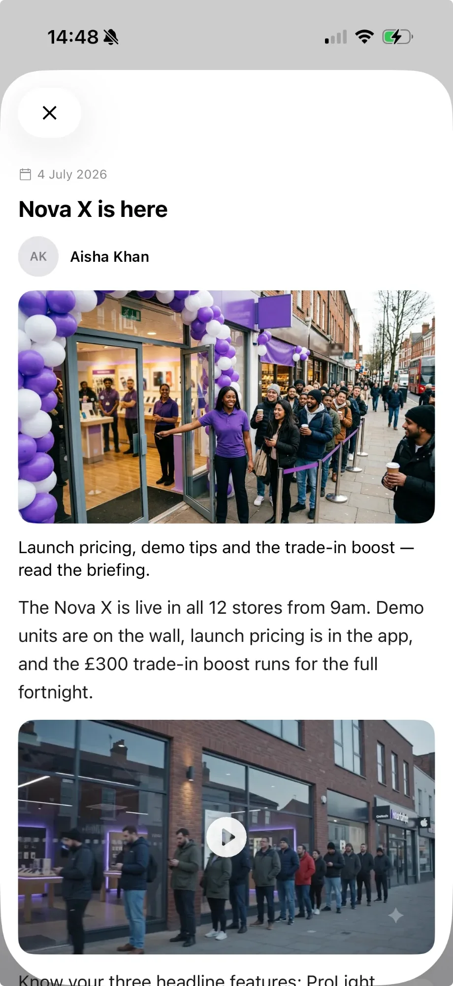 A company announcement opened in Mee: a launch-day briefing with photos, video and the detail teams need for the day