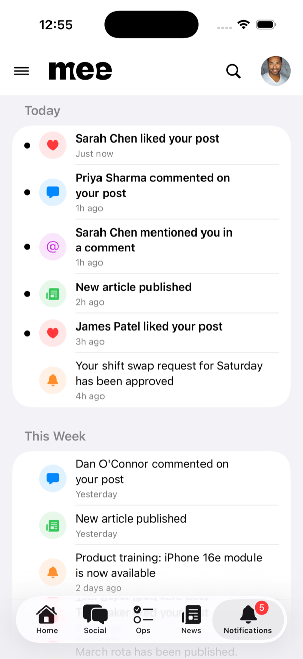 Mee push notifications and in app alerts