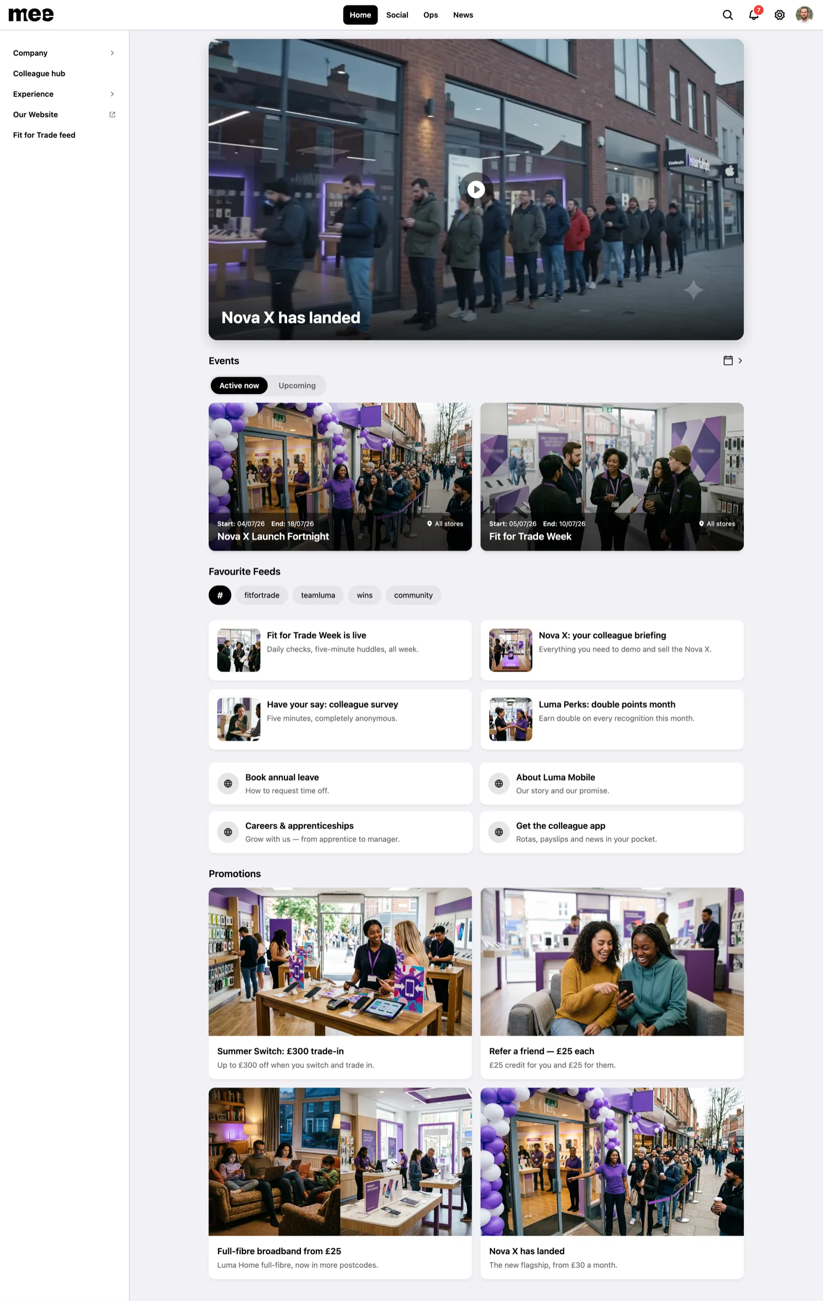The Mee colleague hub running in a desktop browser